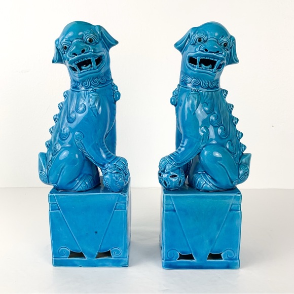 10” Chinese foo dogs guardian lions turquoise glazed vintage mid-century ceramic